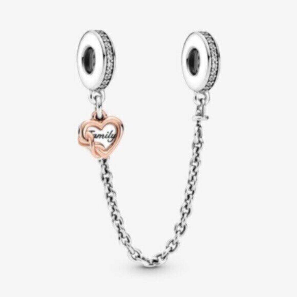 Pandora Silver Safety Chain Charm with Rose Gold Heart "Family"